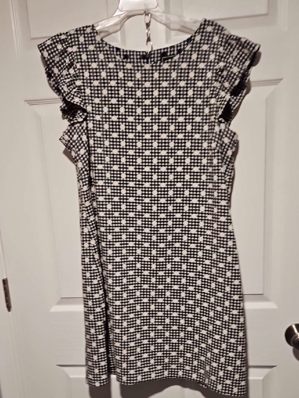 Classic Black & White Patterned Midi Dress with Ruffle Sleeves
